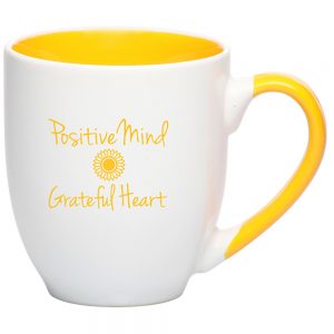 Front of 16 oz two tone mug with positive mind grateful heart imprint