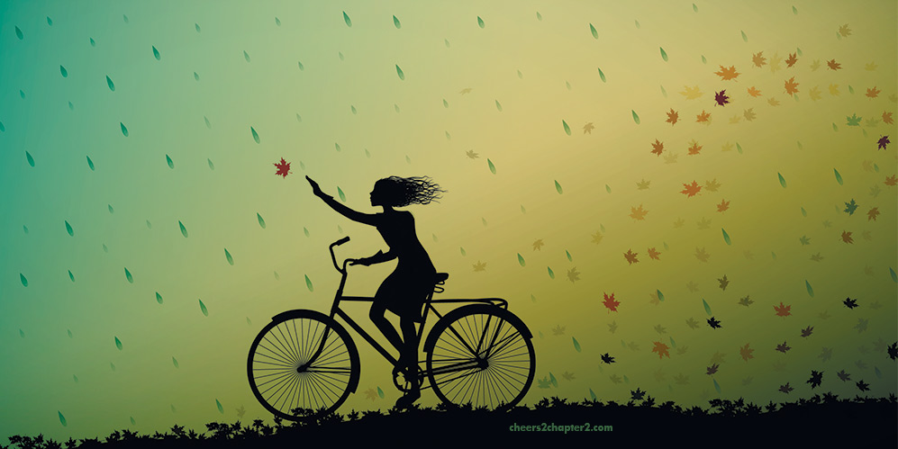 illustration of woman on bicycle catching leaves for quit playing small and make yourself a priority page