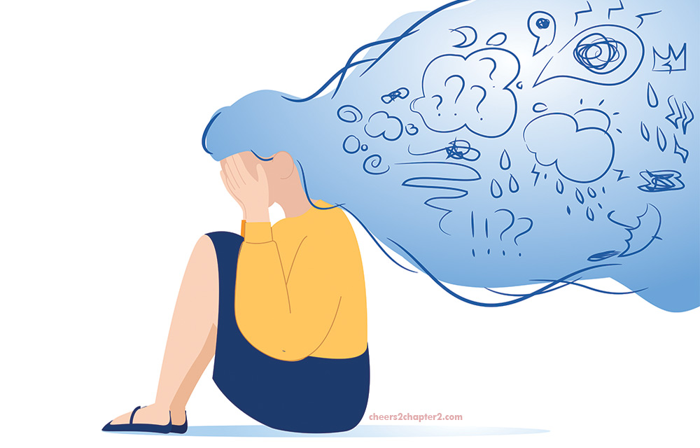 Illustration of a woman holding her head full of anxiety for Cheers 2 Chapter 2 Tips on How to Handle Anxiety During this Pandemic page