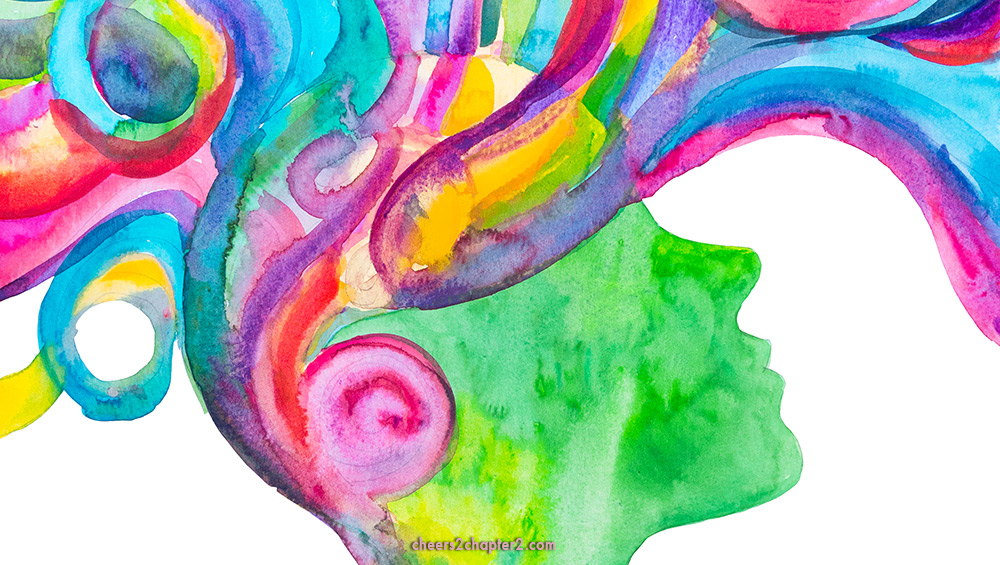Watercoolor image of a womans head with thoughts swirling